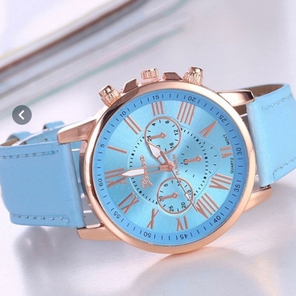 L BLUE & ROSE GOLD GENEVA PLATINUM WRISTWATCH FOR WOMEN COPY PU LEATHER CASUAL - Picture 2 of 4